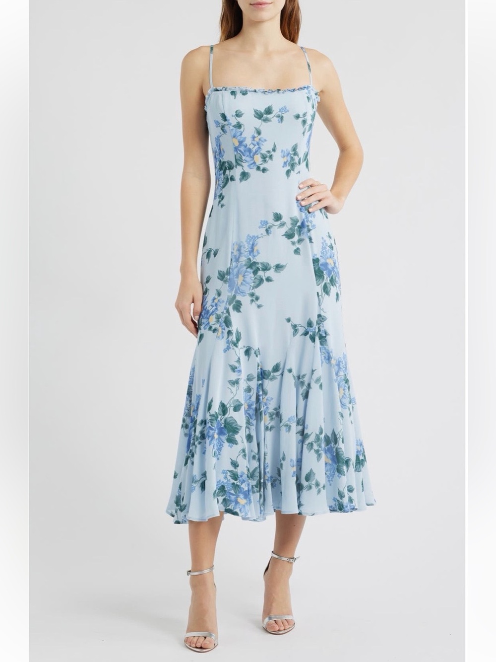 Reformation Lilibet Floral Ruffle Trim Midi Dress